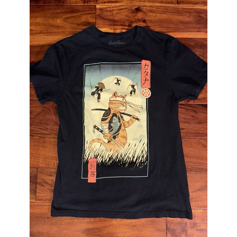 Threadless Katana Cat Samurai Graphic T Shirt Black Size S